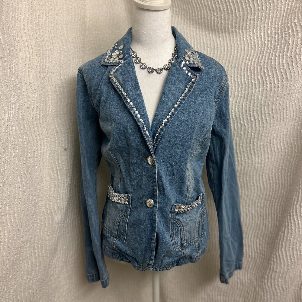 Embellished Light Blue Denim Jacket with Crystal Trim